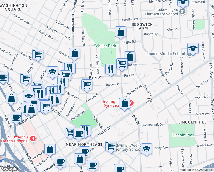 map of restaurants, bars, coffee shops, grocery stores, and more near 313 Beecher Street in Syracuse