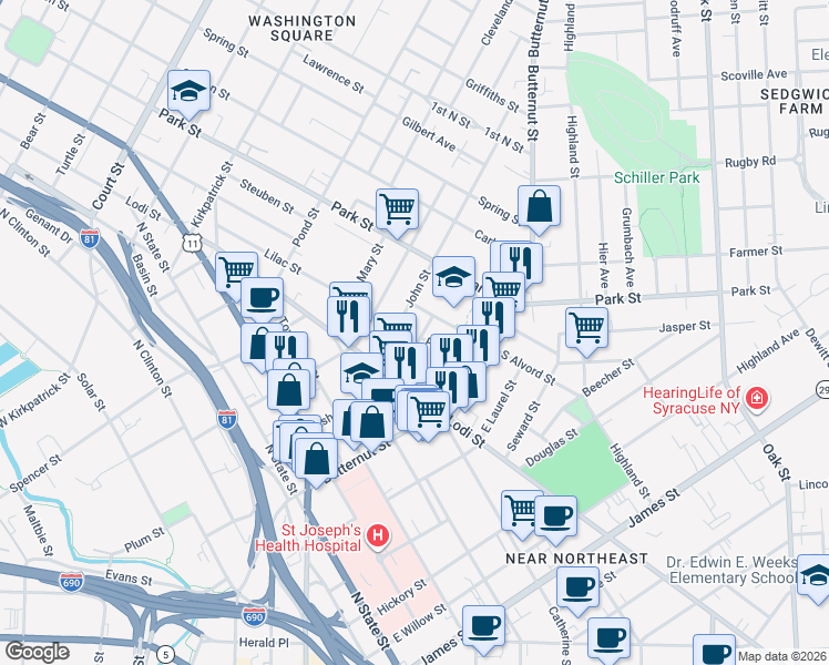 map of restaurants, bars, coffee shops, grocery stores, and more near 136 Peters Street in Syracuse