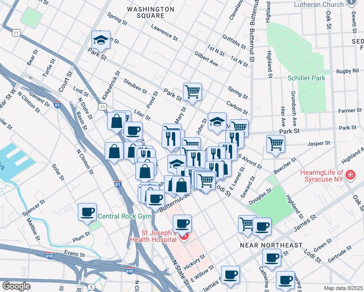 map of restaurants, bars, coffee shops, grocery stores, and more near 113 John Street in Syracuse