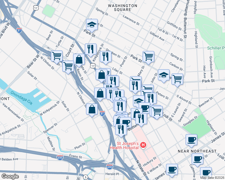map of restaurants, bars, coffee shops, grocery stores, and more near in Syracuse