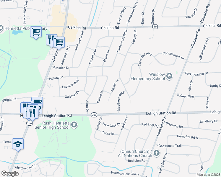map of restaurants, bars, coffee shops, grocery stores, and more near 207 Mystic Lane in Rochester