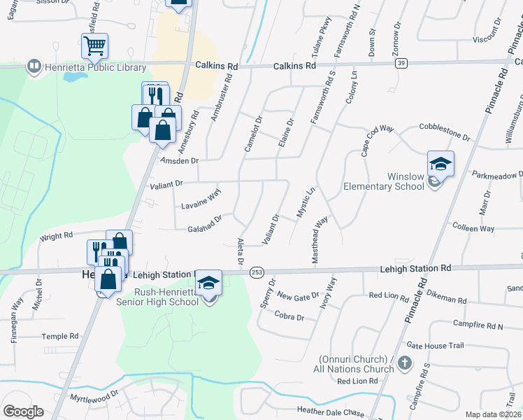 map of restaurants, bars, coffee shops, grocery stores, and more near 223 Valiant Drive in Rochester