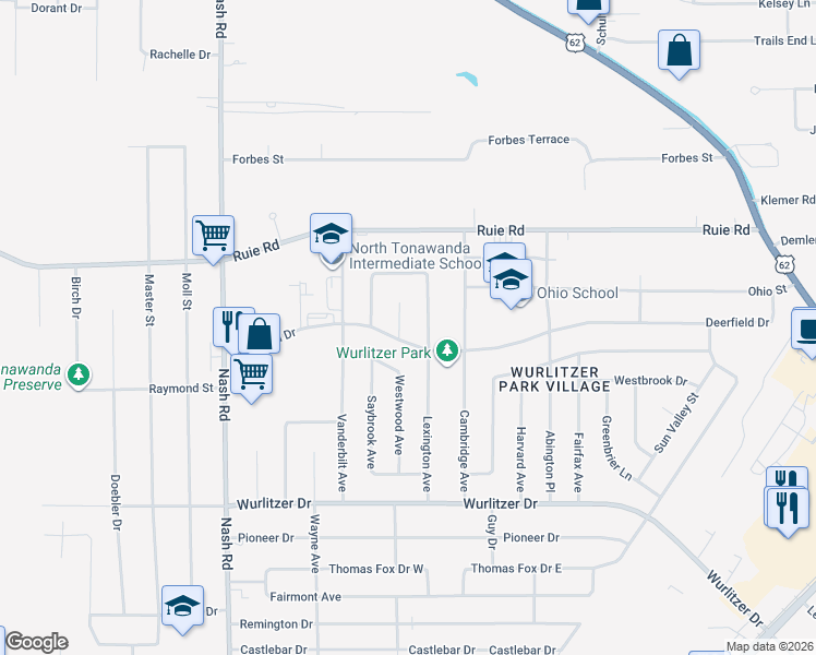 map of restaurants, bars, coffee shops, grocery stores, and more near 1430 Jamaica Square in North Tonawanda