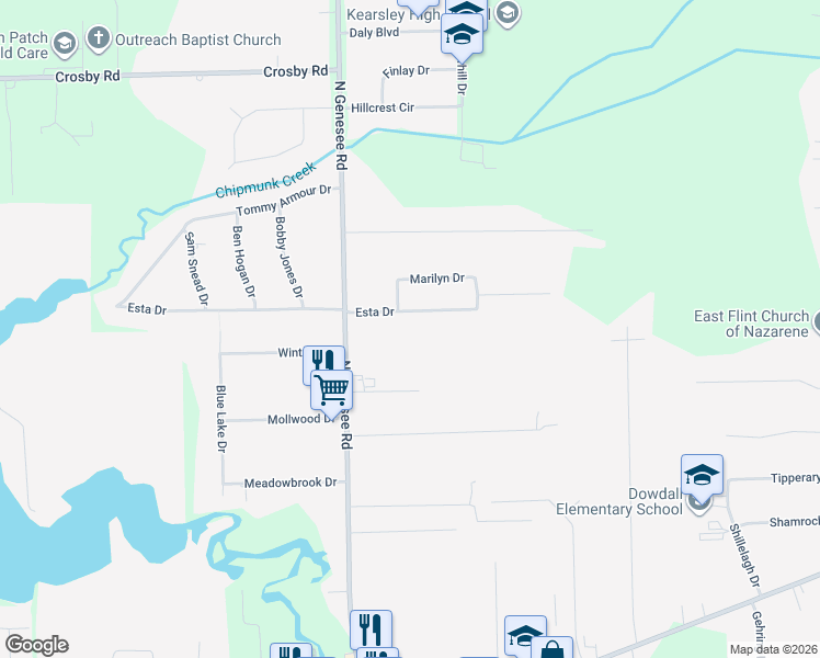 map of restaurants, bars, coffee shops, grocery stores, and more near 5052 Esta Drive in Flint