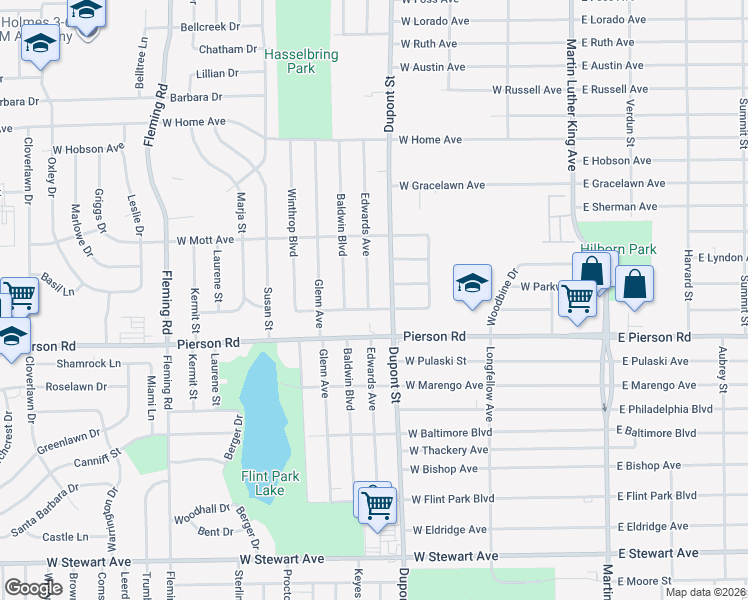 map of restaurants, bars, coffee shops, grocery stores, and more near 5302 Edwards Avenue in Flint