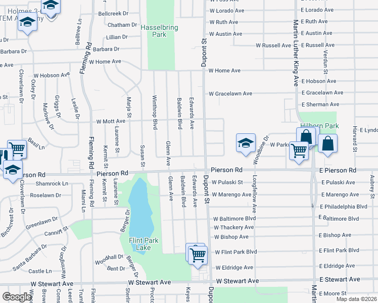 map of restaurants, bars, coffee shops, grocery stores, and more near 5302 Edwards Avenue in Flint