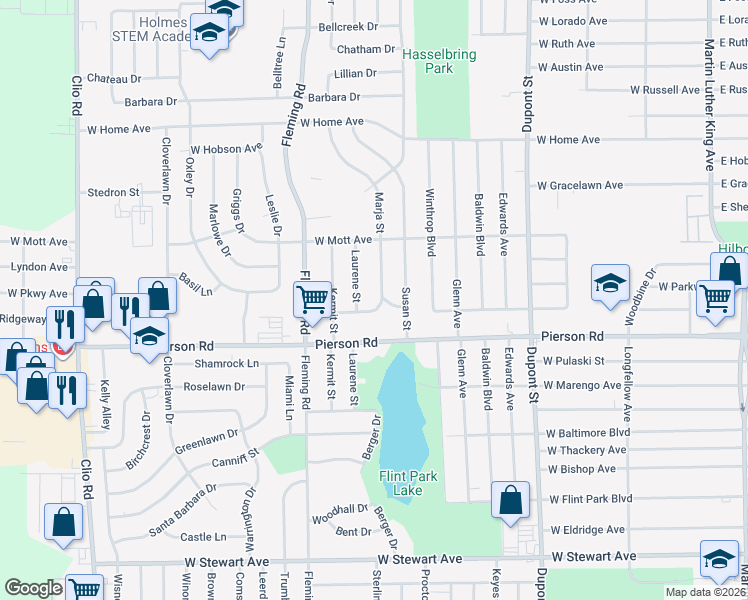 map of restaurants, bars, coffee shops, grocery stores, and more near 1302 Bolan Drive in Flint