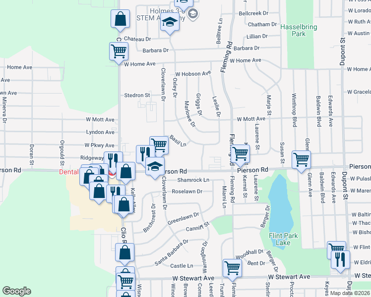 map of restaurants, bars, coffee shops, grocery stores, and more near 1811 Oxley Drive in Flint