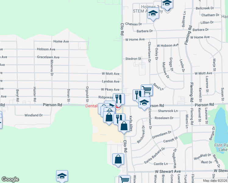 map of restaurants, bars, coffee shops, grocery stores, and more near 3029 West Parkway Avenue in Flint