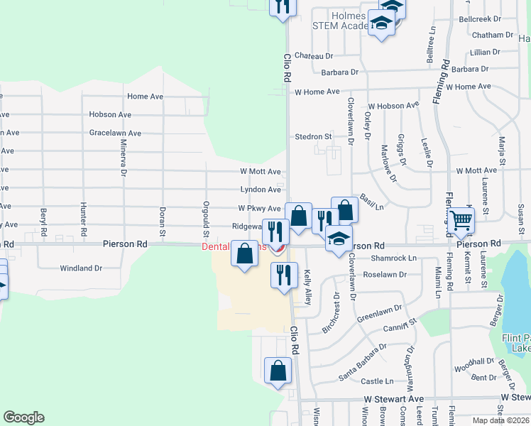 map of restaurants, bars, coffee shops, grocery stores, and more near 3029 West Parkway Avenue in Flint