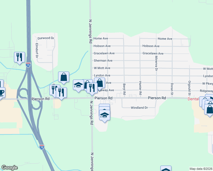 map of restaurants, bars, coffee shops, grocery stores, and more near 4047 O'Connor Road in Flint