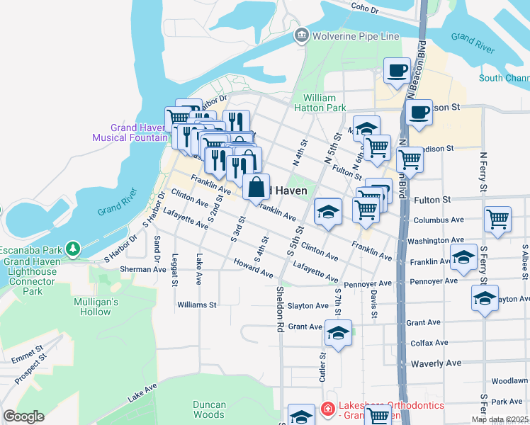 map of restaurants, bars, coffee shops, grocery stores, and more near 330 Franklin Avenue in Grand Haven