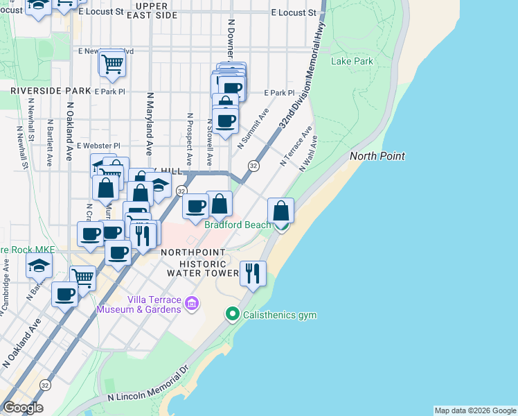 map of restaurants, bars, coffee shops, grocery stores, and more near 2443 North Wahl Avenue in Milwaukee