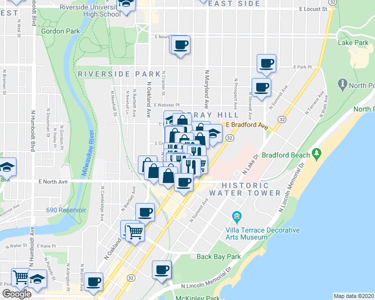 map of restaurants, bars, coffee shops, grocery stores, and more near 2428 North Murray Avenue in Milwaukee