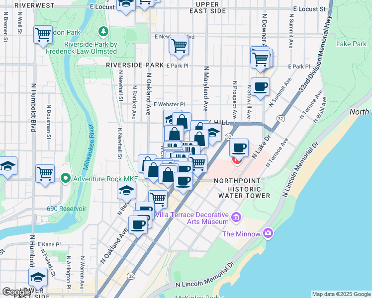 map of restaurants, bars, coffee shops, grocery stores, and more near 2428 North Murray Avenue in Milwaukee