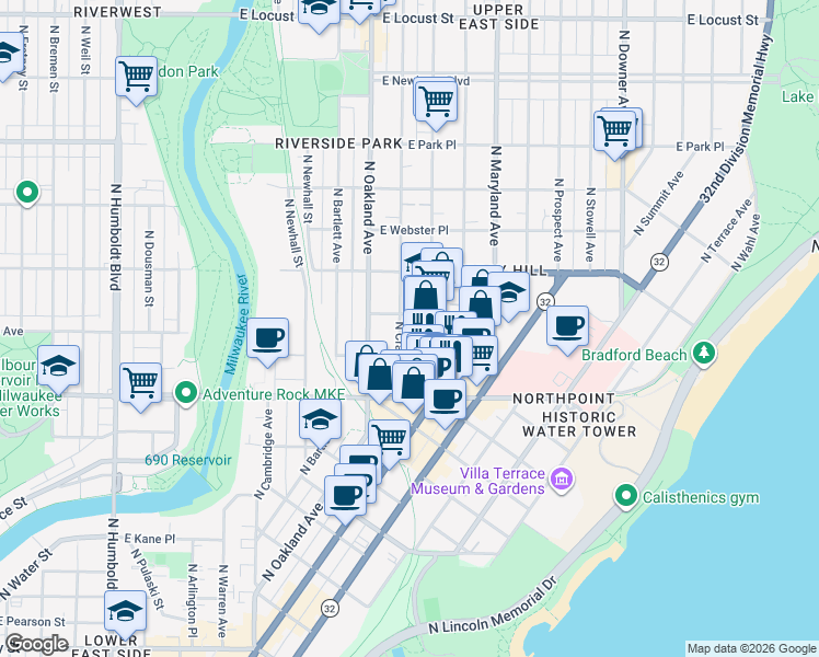 map of restaurants, bars, coffee shops, grocery stores, and more near 2422 North Cramer Street in Milwaukee