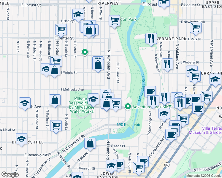 map of restaurants, bars, coffee shops, grocery stores, and more near 1125 East Meinecke Avenue in Milwaukee