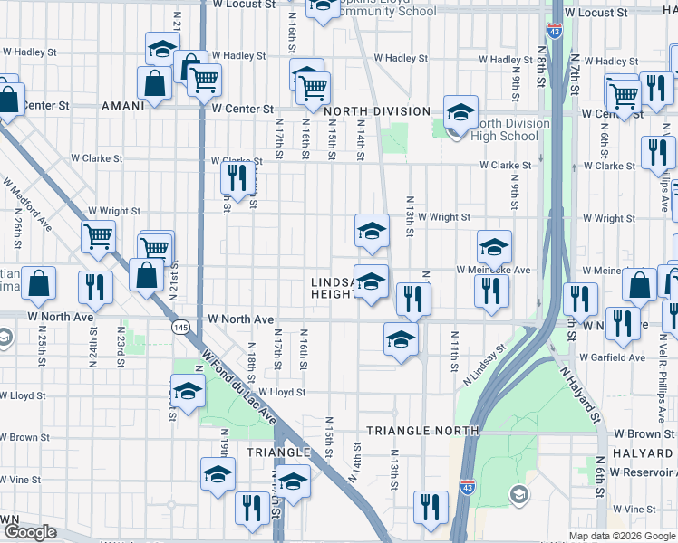 map of restaurants, bars, coffee shops, grocery stores, and more near 2371 North 15th Street in Milwaukee