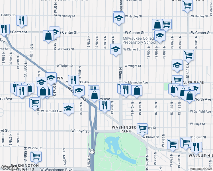 map of restaurants, bars, coffee shops, grocery stores, and more near 2363 North 44th Street in Milwaukee