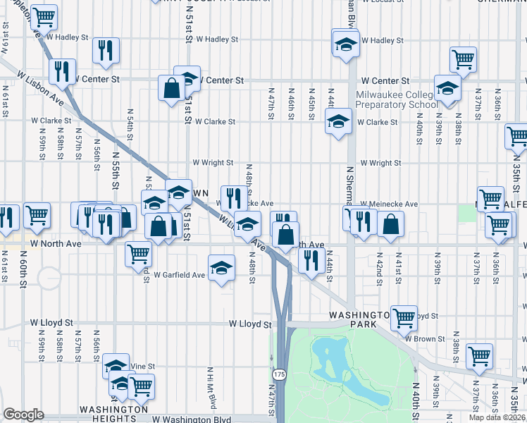 map of restaurants, bars, coffee shops, grocery stores, and more near 2360 North 48th Street in Milwaukee