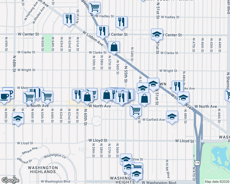 map of restaurants, bars, coffee shops, grocery stores, and more near 2360 North 57th Street in Milwaukee