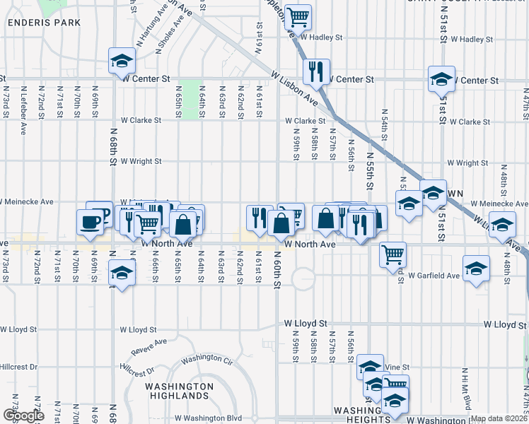 map of restaurants, bars, coffee shops, grocery stores, and more near 2356 North 61st Street in Wauwatosa