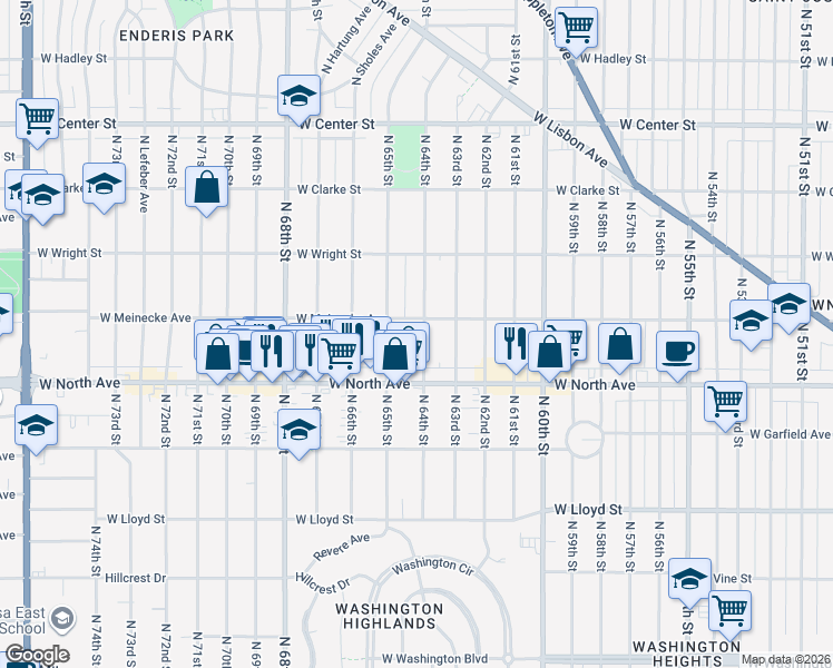 map of restaurants, bars, coffee shops, grocery stores, and more near 2356 North 65th Street in Wauwatosa