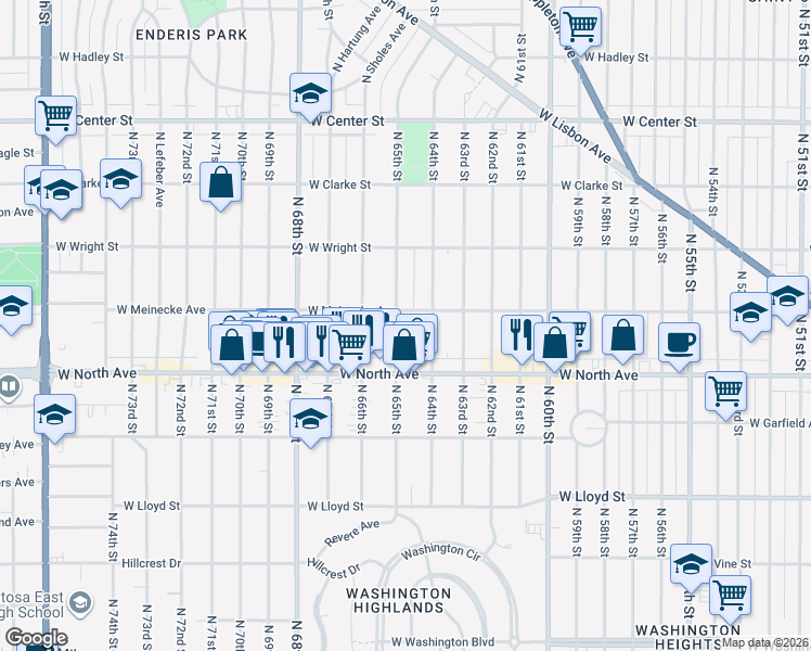 map of restaurants, bars, coffee shops, grocery stores, and more near 2356 North 65th Street in Wauwatosa