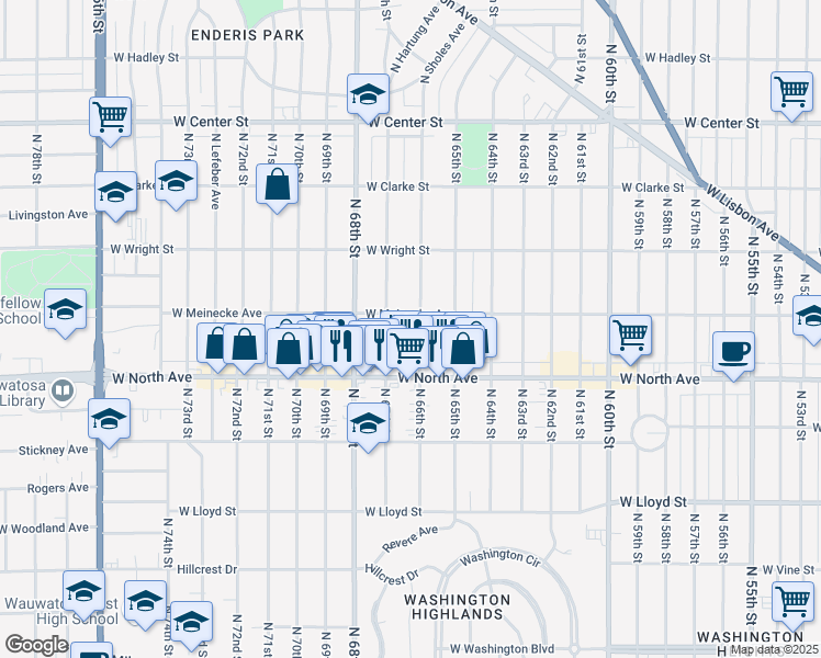 map of restaurants, bars, coffee shops, grocery stores, and more near 2356 North 67th Street in Wauwatosa