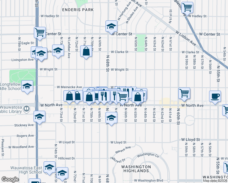 map of restaurants, bars, coffee shops, grocery stores, and more near 2356 North 67th Street in Wauwatosa
