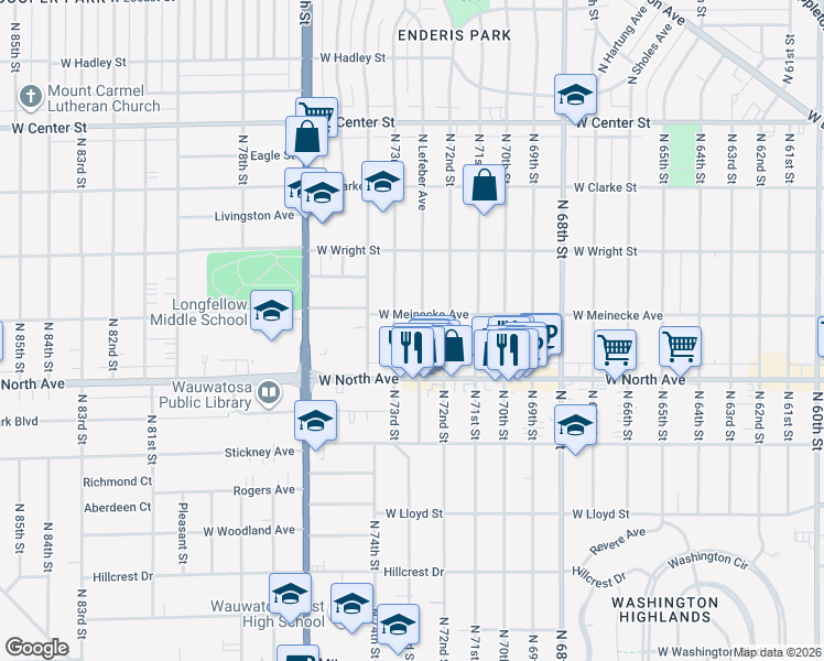 map of restaurants, bars, coffee shops, grocery stores, and more near 2354 North 73rd Street in Wauwatosa
