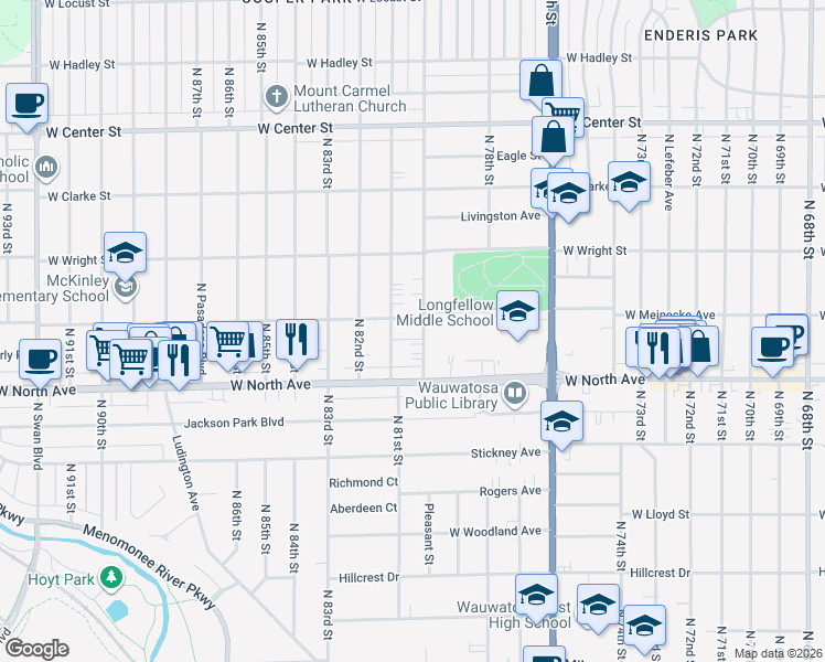 map of restaurants, bars, coffee shops, grocery stores, and more near 2363 North 80th Street in Wauwatosa