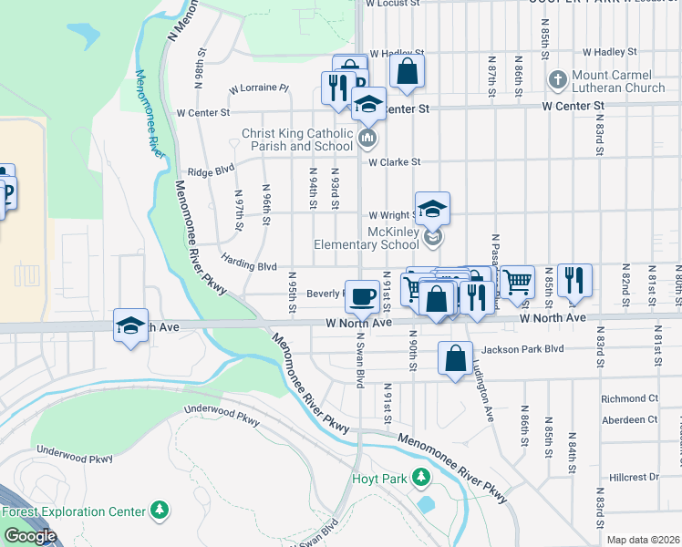 map of restaurants, bars, coffee shops, grocery stores, and more near 9309 Harding Boulevard in Wauwatosa