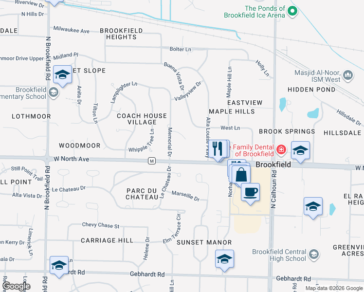 map of restaurants, bars, coffee shops, grocery stores, and more near 17825 Mierow Court in Brookfield