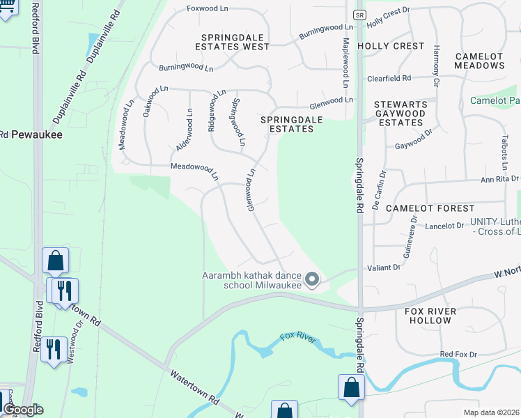 map of restaurants, bars, coffee shops, grocery stores, and more near W223N2350 Glenwood Lane in Waukesha