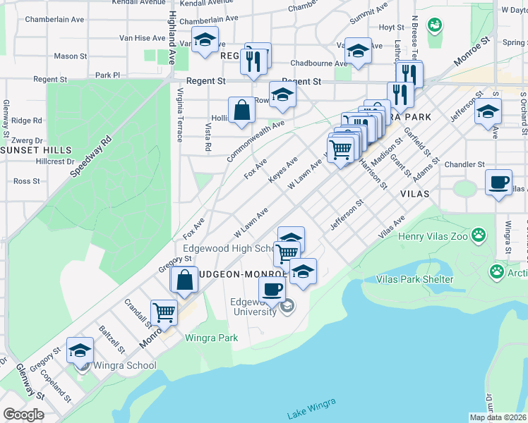 map of restaurants, bars, coffee shops, grocery stores, and more near 2225 West Lawn Avenue in Madison