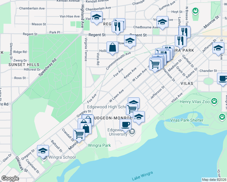 map of restaurants, bars, coffee shops, grocery stores, and more near 2242 West Lawn Avenue in Madison