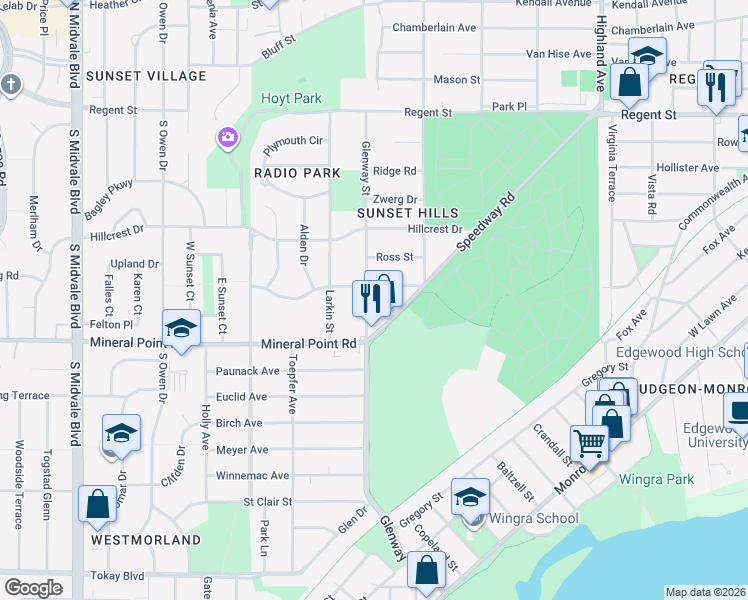 map of restaurants, bars, coffee shops, grocery stores, and more near 310 Glenway Street in Madison