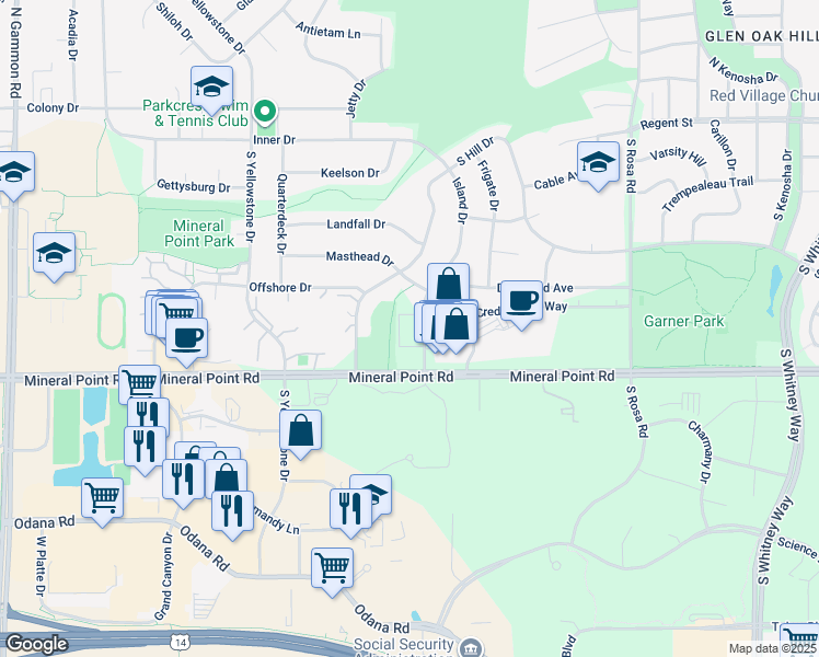 map of restaurants, bars, coffee shops, grocery stores, and more near 332 Island Drive in Madison