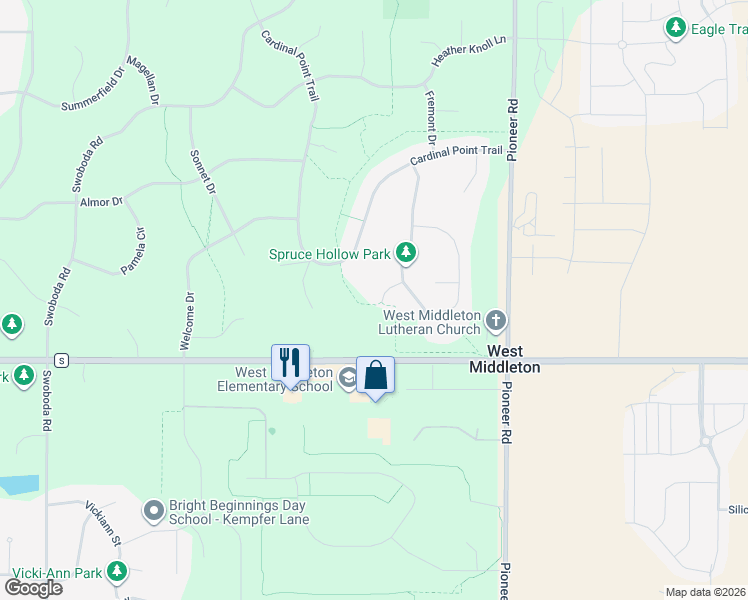 map of restaurants, bars, coffee shops, grocery stores, and more near 7604 Bell Vine Court in Verona