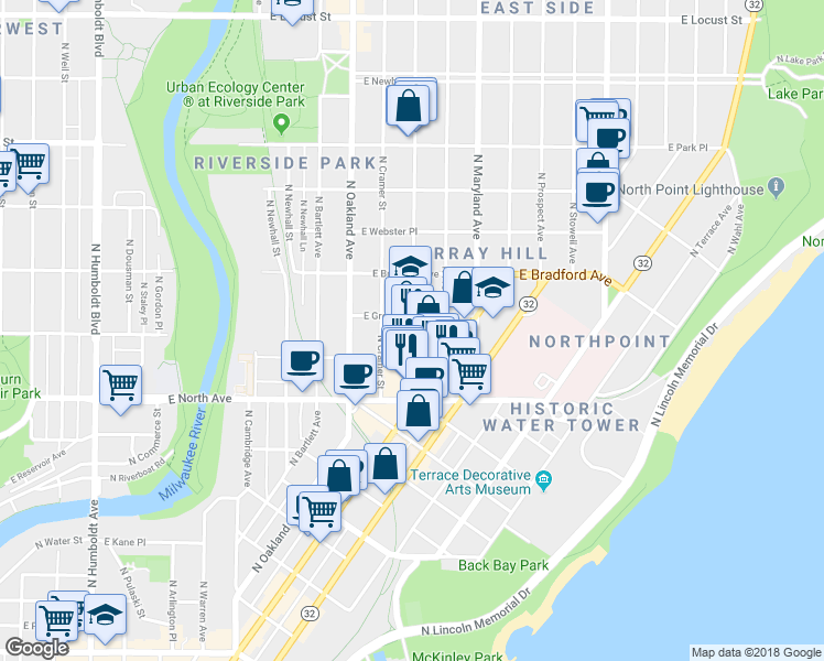 map of restaurants, bars, coffee shops, grocery stores, and more near 2429 N Murray Ave in Milwaukee