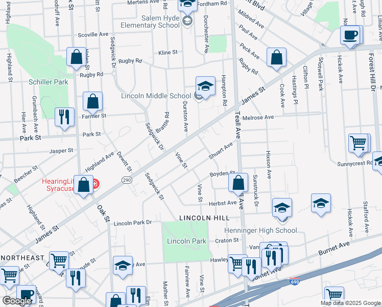 map of restaurants, bars, coffee shops, grocery stores, and more near 213 Dorothy Street in Syracuse