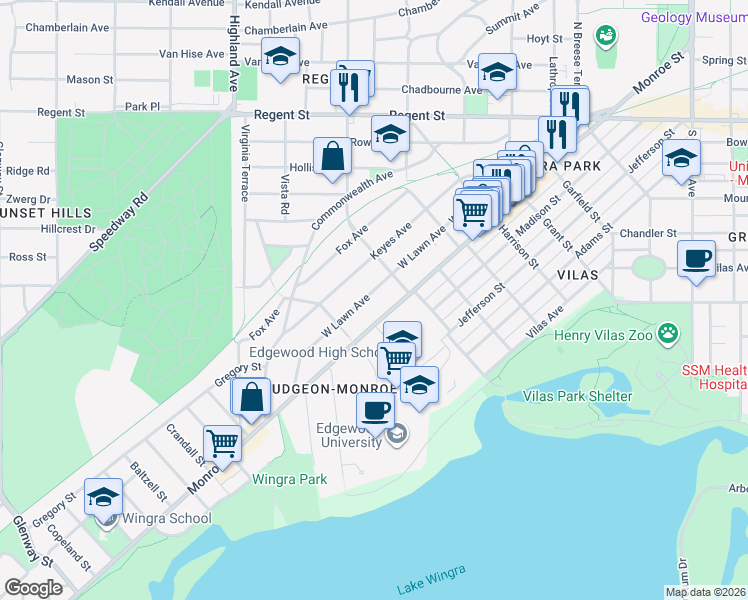 map of restaurants, bars, coffee shops, grocery stores, and more near 2225 West Lawn Avenue in Madison