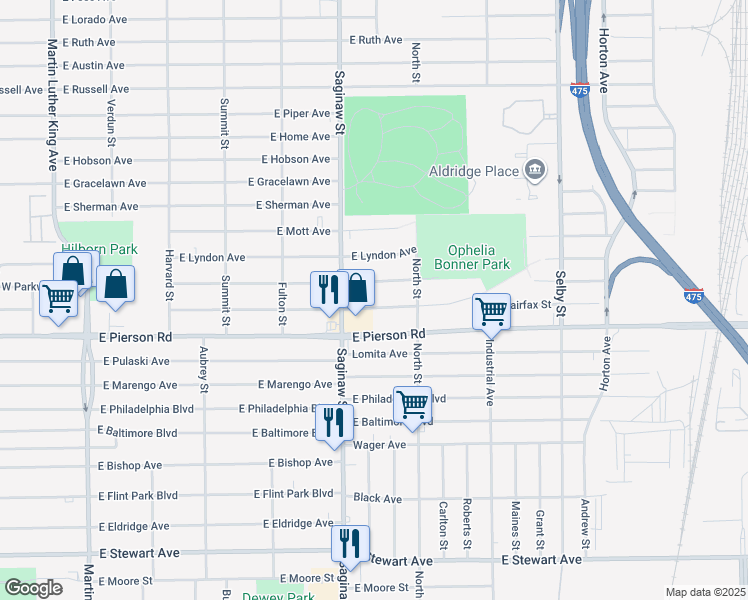 map of restaurants, bars, coffee shops, grocery stores, and more near 729 East Ridgeway Avenue in Flint