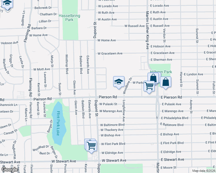 map of restaurants, bars, coffee shops, grocery stores, and more near 5306 Granville Avenue in Flint