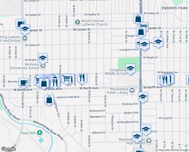 map of restaurants, bars, coffee shops, grocery stores, and more near 2361 North 82nd Street in Wauwatosa