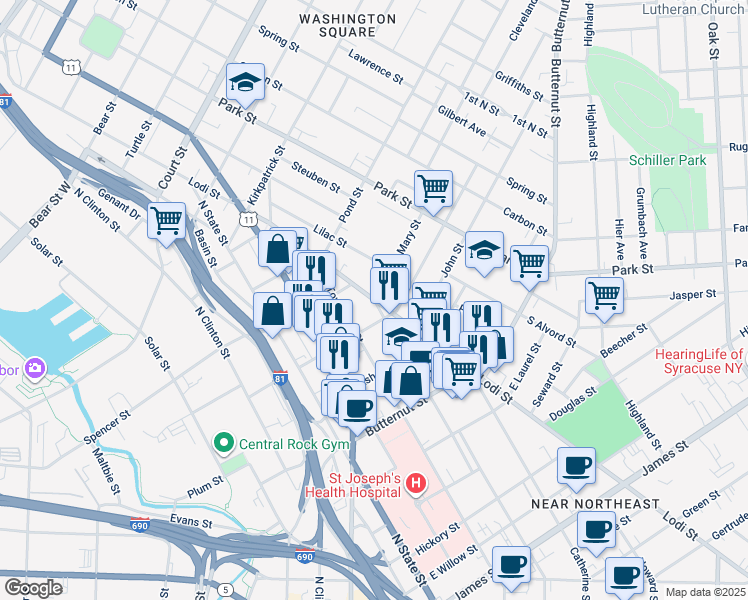 map of restaurants, bars, coffee shops, grocery stores, and more near 1801 Lodi Street in Syracuse