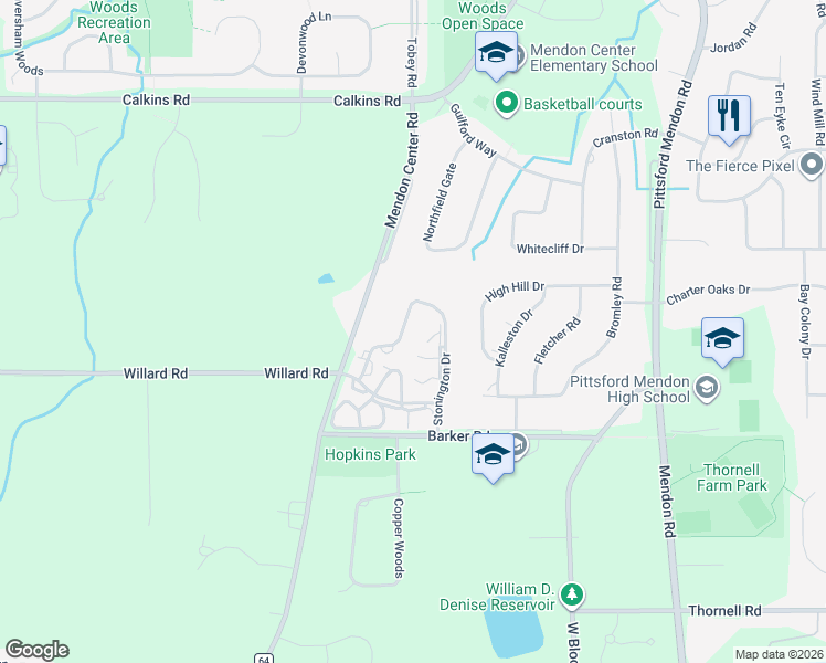 map of restaurants, bars, coffee shops, grocery stores, and more near 26 Stonington Dr in Pittsford