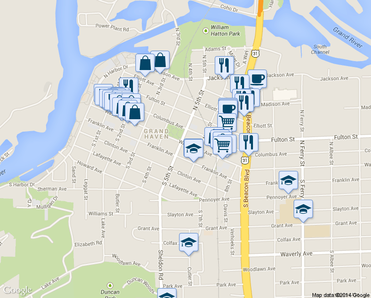 map of restaurants, bars, coffee shops, grocery stores, and more near 508 Washington Avenue in Grand Haven