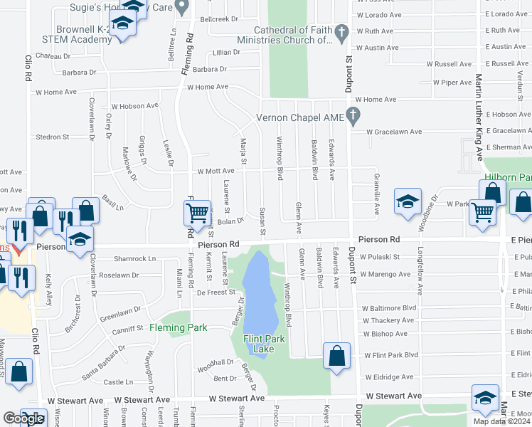 map of restaurants, bars, coffee shops, grocery stores, and more near 5308 Susan Street in Flint